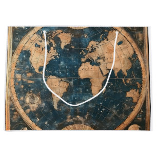 Vintage Blue and Gold Double Hemisphere World Map Large Gift Bag