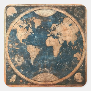 Vintage Blue and Gold Double Hemisphere World Map Square Sticker