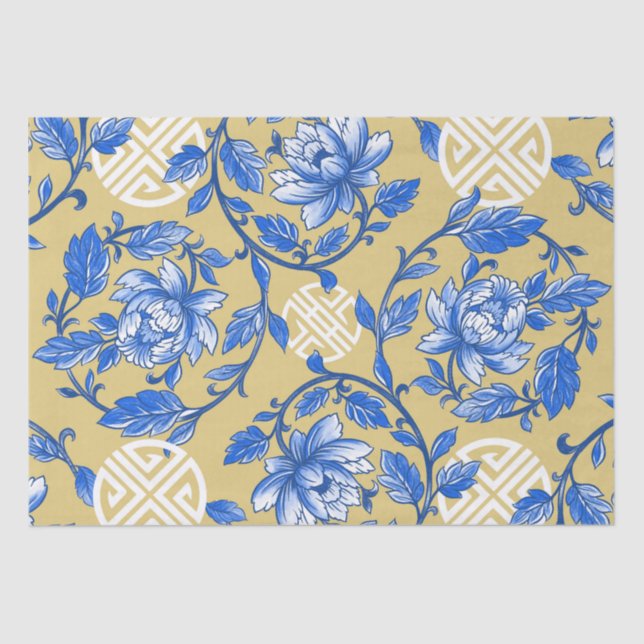 Vintage Blue and Gold Floral Chinoiserie Tissue Paper (Front)