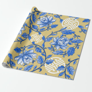 Vintage Blue and Gold Floral Chinoiserie Wrapping Paper