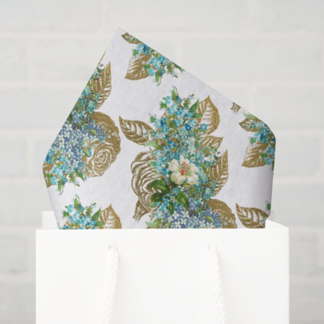 Vintage Blue and Gold Floral Tissue Paper (Gift Bag)