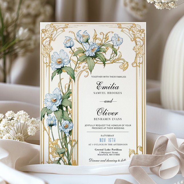 Vintage Blue and Gold Floral Wedding Invitation (Creator Uploaded)