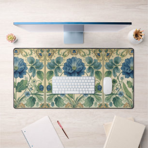 Vintage Blue And Green Art Nouveau Floral Desk Mat