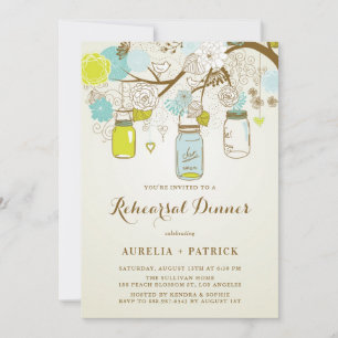 Vintage Blue and Green Mason Jars Rehearsal Dinner Invitation