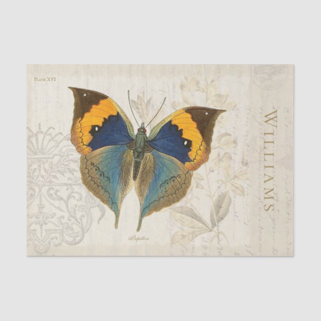 Vintage Blue and Orange Butterfly Tissue Paper (Front)