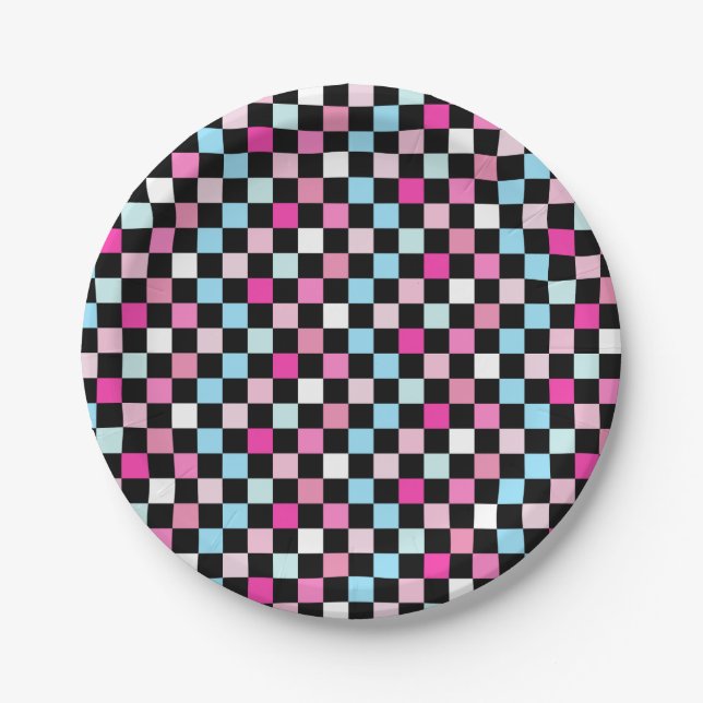 Vintage Blue and Pink Checkered Paper Plates (Front)