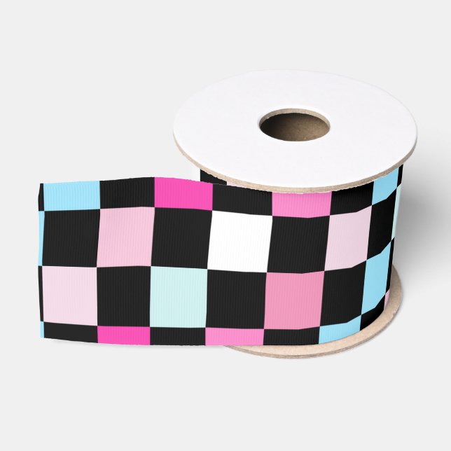 Vintage Blue and Pink Checkered Pattern Grosgrain Ribbon (Spool)