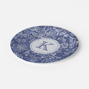 Vintage Blue and White Floral Monogrammed Paper Plate