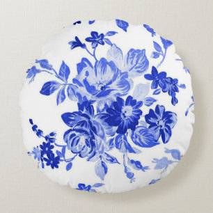 Vintage Blue and White Floral Pattern Round Cushion