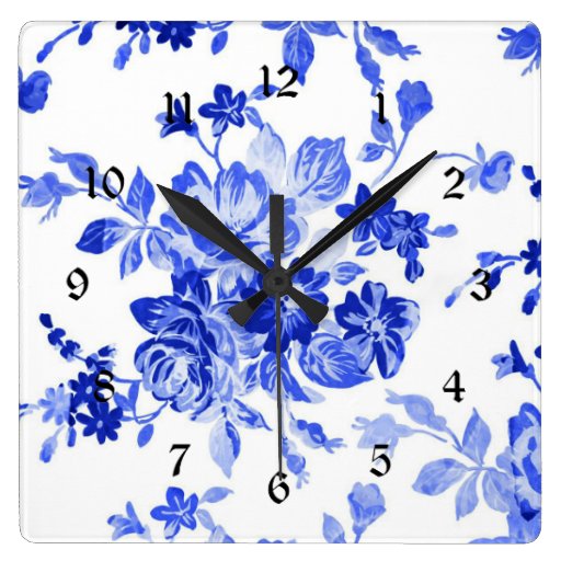 Image of Vintage Blue and White Floral Pattern Square Wall Clock