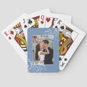 Vintage Blue and White Floral Photo Wedding Playing Cards