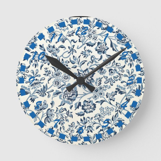 Vintage Blue and White Floral Round Clock (Front)