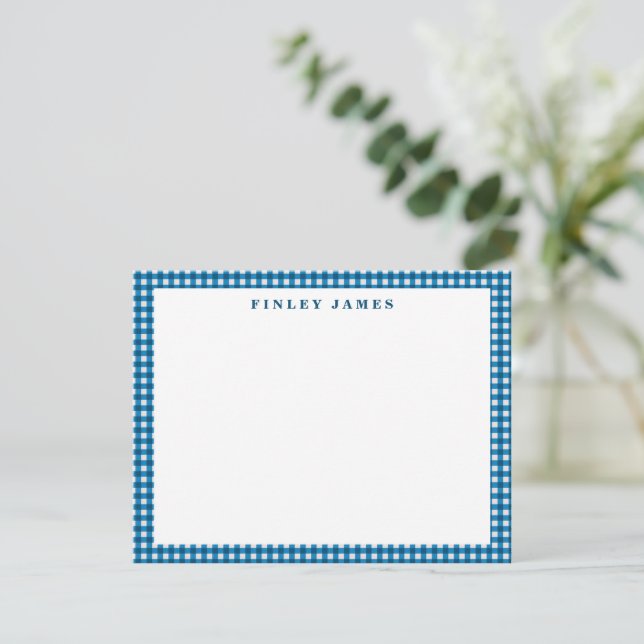 Vintage Blue and White Gingham Plaid Personalised  Card (Standing Front)
