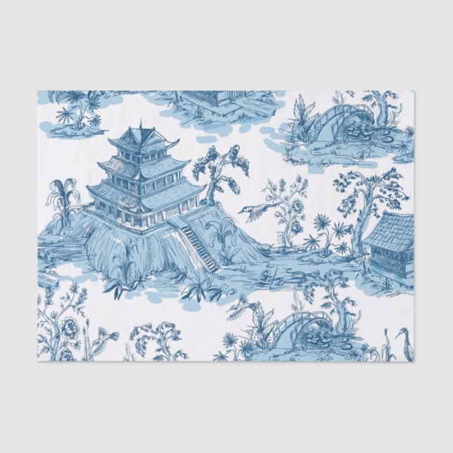 Vintage Blue and White Pagoda Chinoiserie Tissue Paper (Front)