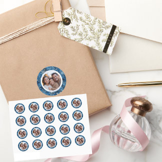 Vintage Blue and White Snowflakes Christmas Photo Classic Round Sticker