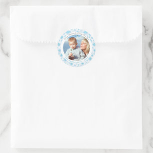 Vintage Blue and White Snowflakes Christmas Photo Classic Round Sticker
