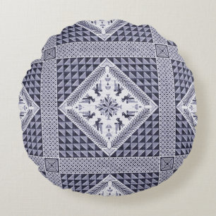 Vintage Blue and White Tatreez Pattern Round Cushion