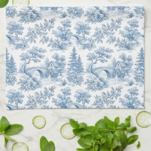 Vintage Blue and White Toile Landscape Tea Towel