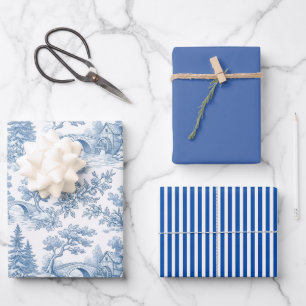Vintage Blue and White Toile Landscape Wrapping Paper Sheet