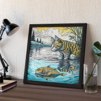 Vintage Blue and Yellow Cat and Fish Games Ai Art