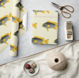 Vintage Blue and Yellow Grouper Fish, Marine Life Wrapping Paper