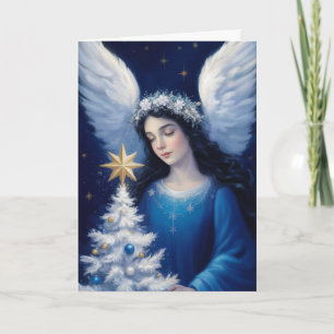 Vintage Blue Angel Christmas Tree Holiday Card