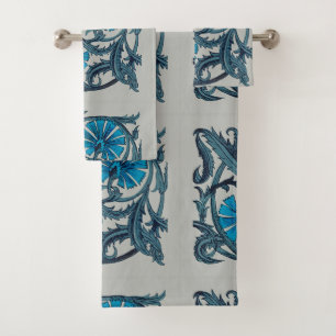 Vintage Blue Antique Flower art rustic Tile Decor Bath Towel Set