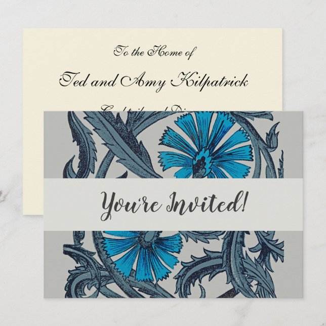 vintage blue antique flower arts crafts rustic invitation (Front/Back)