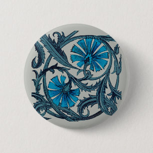 vintage blue antique flower graphic art design 6 cm round badge
