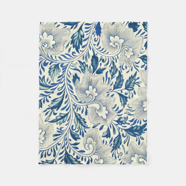 Vintage Blue Asian Floral: Antique Chinoiserie Fleece Blanket (Front)