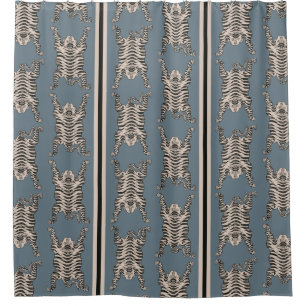 Vintage Blue Asian Tiger pattern Striped Shower Curtain