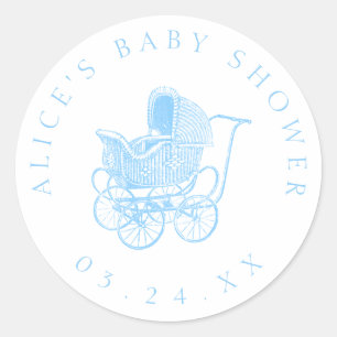 Vintage Blue Baby Carriage Baby Shower Classic Round Sticker