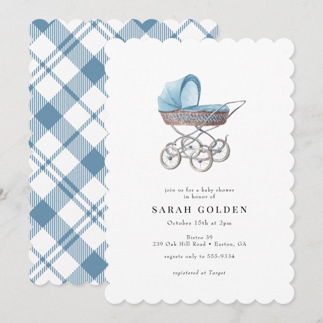 Vintage Blue Baby Carriage Boy Baby Shower Invitation (Front/Back)