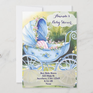 Vintage Blue Baby Carriage in Garden Bloom invites