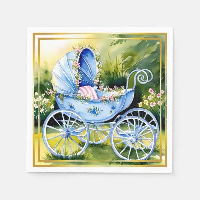 Vintage Blue Baby Carriage in Garden Bloom Napkin (Front)
