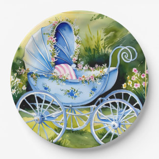 Vintage Blue Baby Carriage in Garden Bloom Paper Plate