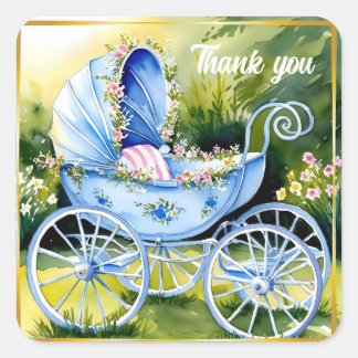 Vintage Blue Baby Carriage in Garden Bloom Square Sticker