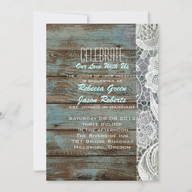 vintage blue barn wood lace country wedding invitation (Front)