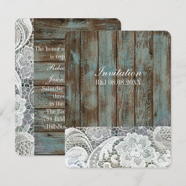 vintage blue barn wood lace country wedding invitation (Front/Back)