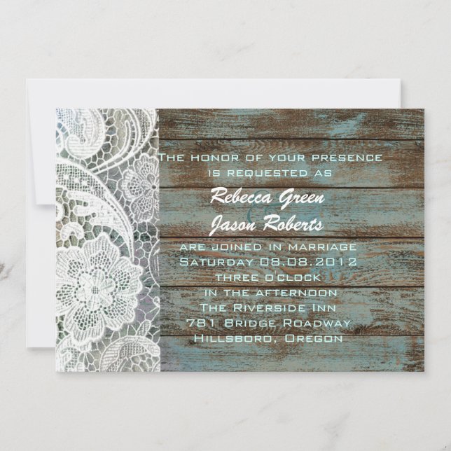 vintage blue barn wood lace country wedding invitation (Front)
