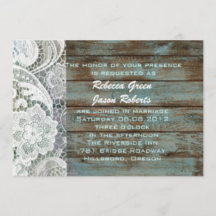 vintage blue barn wood lace country wedding invitation
