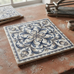 Vintage Blue & Beige Floral Ceramic Tile