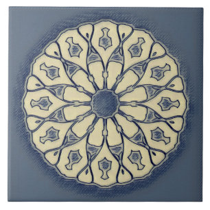 Vintage Blue–Beige Radial Mandala Ornament Tile