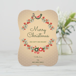Vintage blue berries red floral Non-photo Holiday Card