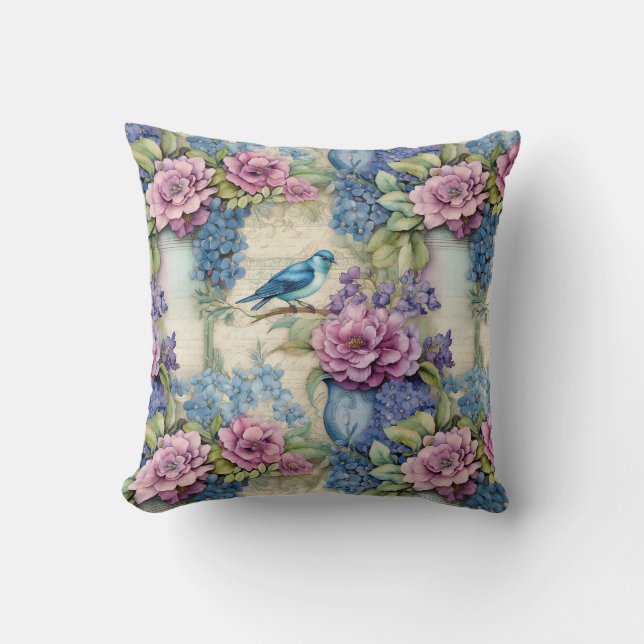 Vintage Blue Bird and Flowers Serenade Cushion (Front)