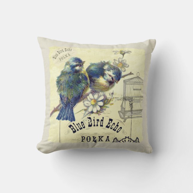 Vintage Blue Bird Birdcage Collage Cushion (Front)