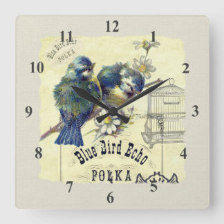 Vintage Blue Bird Birdcage Collage Square Wall Clock
