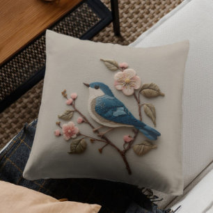 Vintage Blue Bird Floral Faux Embroidery Cushion