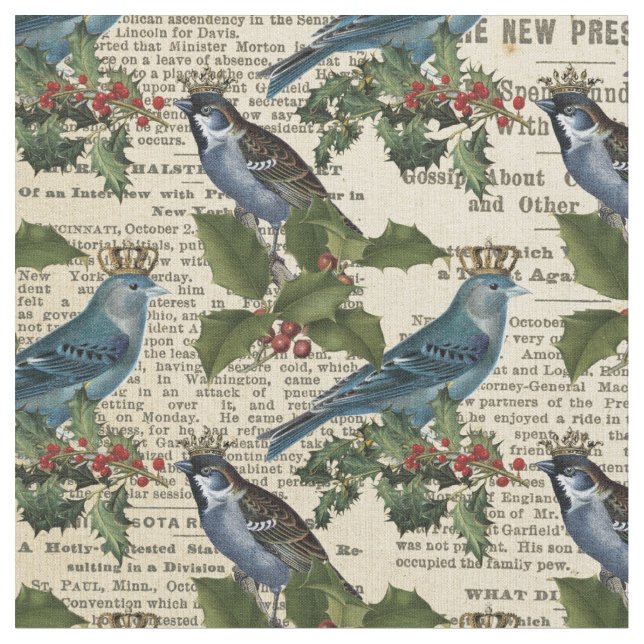 Vintage Blue Birds and Christmas Holly Berries Fabric (Close Up)