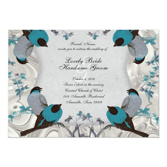 Vintage Blue Birds Birdbath Silver Wedding Invite